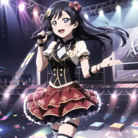 high quality, best quality, masterpiece, absurdres, setsuna yuki, idol, 1girl, fire, flame, stage, lights, singing, <lora:yuki:0.75>
