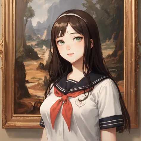 upper body shot of Mona Lisa with blunt bangs wearing a school uniform, green eyes, gorgeous smile, serafuku, large breasts, freckles, standing in an art gallery