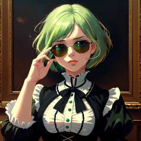 (masterpiece, best quality, highest quality, 8k, raytracing, HDR, UHD, Victorian oil painting style:1.4)
BREAK portrait of a girl who wears her sunglasses at night so she can watch you weave and breathe your story lines.
BREAK( bob cut, light green hair:1.3)