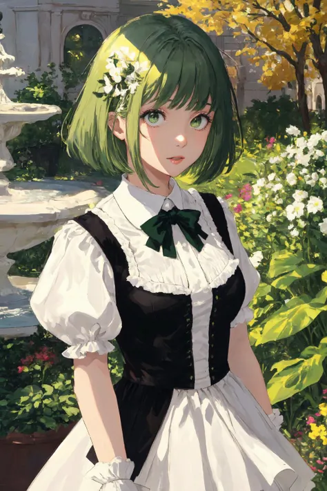 upper body shot of a girl next to a fountain, (light green hair, green eyes:1.4), bob cut with blunt bangs, lace overlay dress, lace collar, puffy sleeves, ribbons, white dress with black trim, embroidery, hair ornament, perfect composition, HDR, 8k, raytracing
BREAK art by Monet, in a garden next to a palace covered in ivy