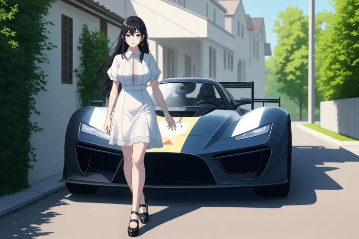 full body shot of Misae Suzuhara walking in front of an F1 racecar in her driveway, diamond earrings, <lora:misasuzuharatest: 0.1@1,1@8>, long hair, [black : dark blue:0.25] hair, blue eyes
BREAK very long strand of hair between eyes, asymmetric bangs
BREAK huge breasts, wearing a fancy summer dress with short lace sleeves, short skirt with lace hemline, Mary Janes, pantyhose, [perky breasts, pointy breasts, puffy nipples, covered nipples:2]
BREAK potted plants, fancy house in a small village with a Formula One car in the driveway
 <lora:PAseer-SD15-LCM Quick:1>