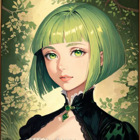 Victorian oil painting
BREAK portrait painting of a woman with medium breasts, (light green hair, bobcut with blunt bangs, green eyes:1.3)