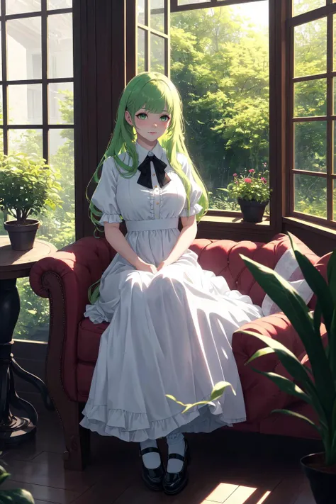 (masterpiece, best quality, highest quality, 8k, raytracing, HDR, UHD:1.4)
BREAK full body shot of a woman sitting on a velvet couch inside a mansion, potted plants, princess
BREAK wearing a very long royal dress, very long frilly skirt, Mary Janes with ruffled socks
BREAK very very long hair, light green hair, blunt bangs
BREAK open window with a view of the forest, assorted furniture, art by Monet, smiling