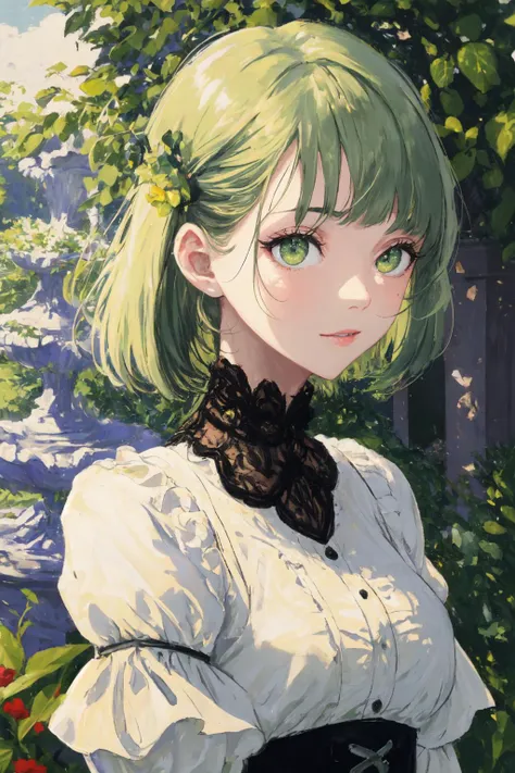 upper body shot of a girl next to a fountain, (light green hair, green eyes:1.4), bob cut with blunt bangs, lace overlay dress, lace collar, puffy sleeves, ribbons, white dress with black trim, embroidery, hair ornament, perfect composition, HDR, 8k, raytracing
BREAK art by Monet, in a garden next to a palace covered in ivy