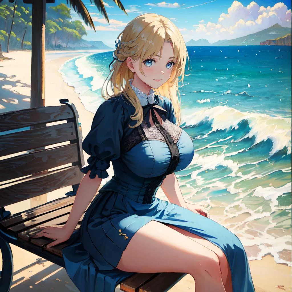 (Victorian oil painting style, best quality, highest quality, HDR, raytracing:1.3)
BREAK oil painting of a woman (sitting on a bench at the beach with her legs crossed, crashing waves, islands in the distance:1.3), (massive breasts, wearing a light blue dress, short skirt with a lace hemline:1.3)
BREAK (long blonde hair, blue eyes:1.3)