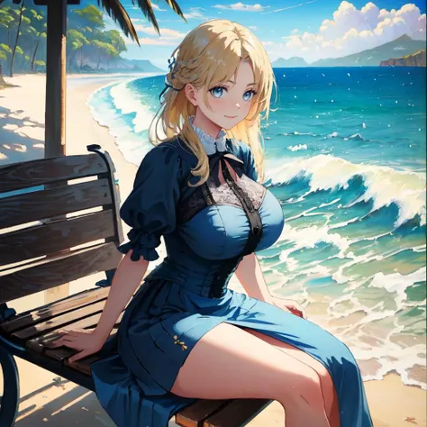 (Victorian oil painting style, best quality, highest quality, HDR, raytracing:1.3)  
BREAK oil painting of a woman (sitting on a bench at the beach with her legs crossed, crashing waves, islands in the distance:1.3), (massive breasts, wearing a light blue dress, short skirt with a lace hemline:1.3)
BREAK (long blonde hair, blue eyes:1.3)