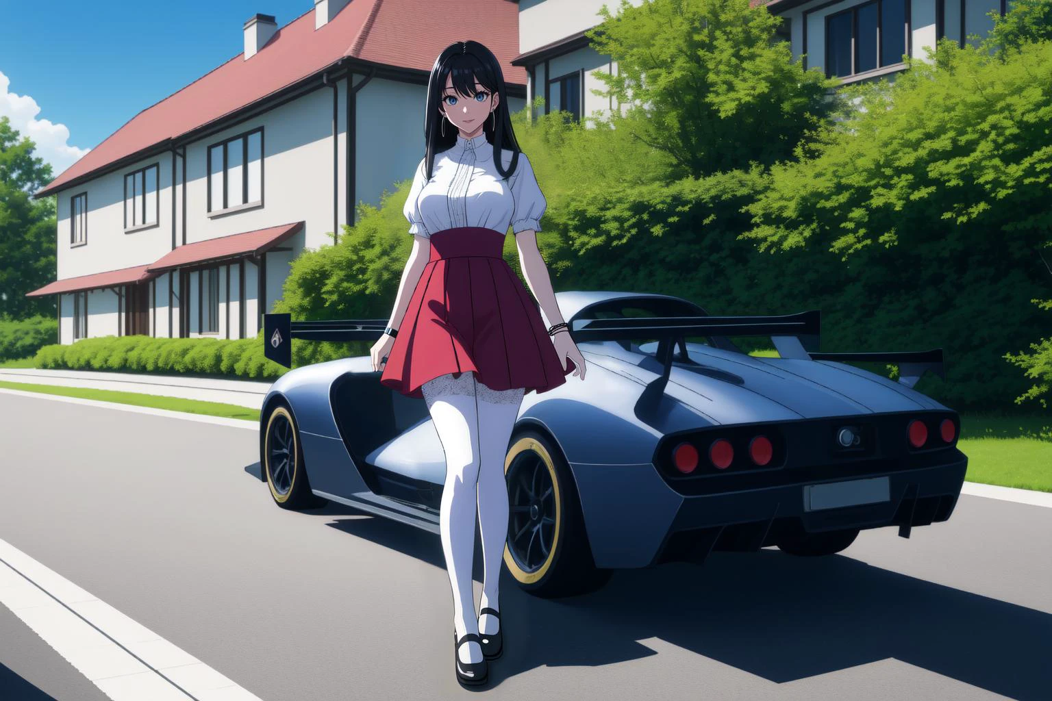full body shot of Misae Suzuhara walking in front of an F1 racecar in her driveway, diamond earrings, <lora:misasuzuharatest: 0.1@1,1@8>, long hair, [black : dark blue:0.25] hair, blue eyes
BREAK very long strand of hair between eyes, asymmetric bangs
BREAK huge breasts, wearing a fancy summer dress with short lace sleeves, short skirt with lace hemline, Mary Janes, pantyhose, [perky breasts, pointy breasts, puffy nipples, covered nipples:2]
BREAK potted plants, fancy house in a small village with a Formula One car in the driveway
 <lora:PAseer-SD15-LCM Quick:1>