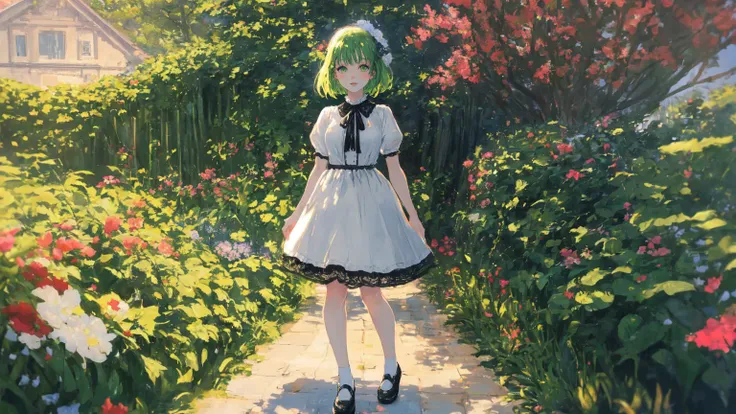(masterpiece, best quality, highest quality, realistic, art by Monet, HDR, 8k, raytracing:1.4), full body shot of a girl next to a fountain, (light green hair, green eyes:1.4), bob cut with blunt bangs, lace overlay dress, short skirt with lace hemline, Mary Janes with ruffled socks, lace collar, puffy sleeves, ribbons, white dress with black trim, embroidery, hair ornament, perfect composition
BREAK in a garden next to a palace covered in ivy