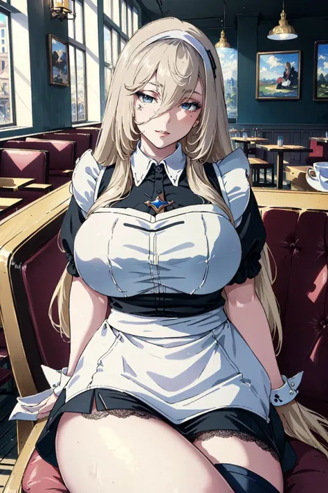 (best quality, masterpiece, highest quality, HDR, 8k, sharp focus, Victorian oil painting style, Renaissance oil painting style, art by Bouguereau:1.4)
BREAK (platinum blonde hair with split bangs, very long hair, blue eyes:1.4)
BREAK full body shot of Aponia (sitting in a chair in a cafe in the city:1.3)
BREAK (wearing a maid outfit, headdress, short skirt with lace hemline, thigh high stockings, Mary Janes, massive breasts:1.4) <lora:Aponia-Normal:1>