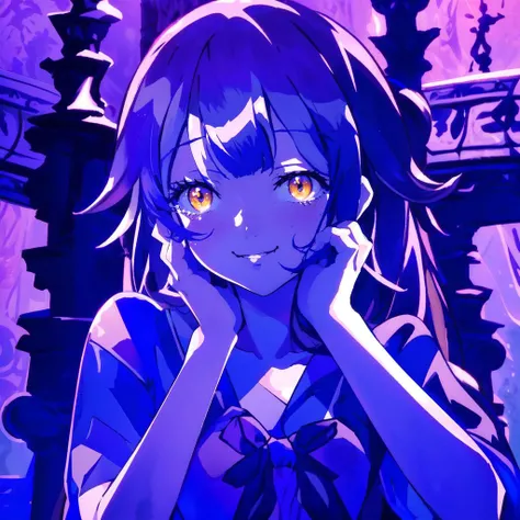 (masterpiece, highest quality, best quality, UHD, HDR, raytracing, 8k, art by Yoshiyuki Sadamoto:1.4)
BREAK (medium shot of a woman wearing a school uniform, both hands on her face, small breasts, flat chest:1.4)
BREAK (long black hair, blunt bangs, orange eyes:1.45)
BREAK (standing in a purple room, gothic architecture, pillars in the background, lustful smile, half-closed eyes:1.3), blurry background