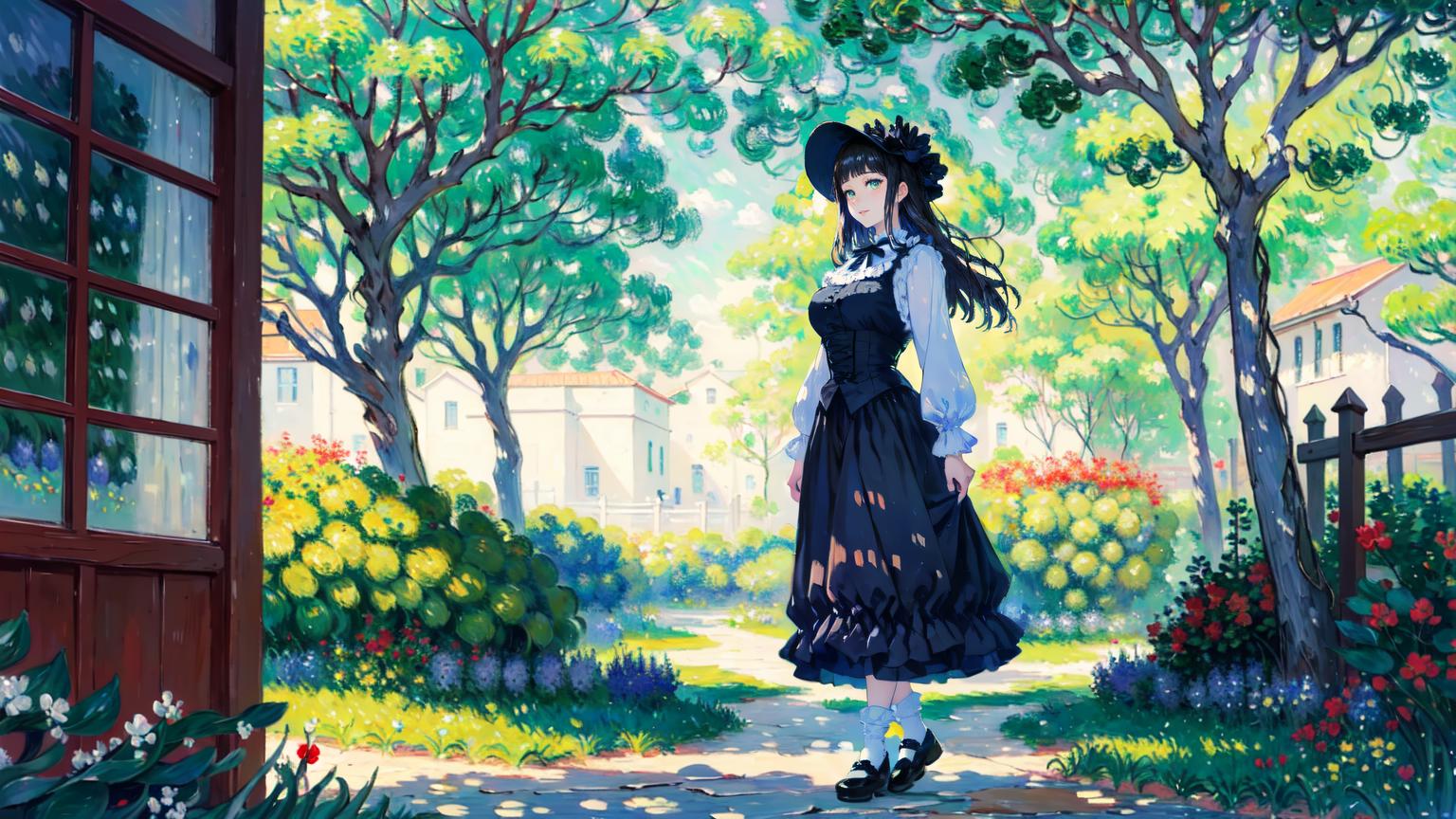 Painting of a woman in a black dress and hat standing in a garden ...