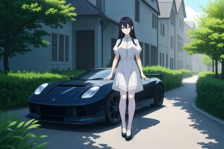 full body shot of Misae Suzuhara walking in front of an F1 racecar in her driveway, diamond earrings, <lora:misasuzuharatest: 0.1@1,1@8>, long hair, [black : dark blue:0.25] hair, blue eyes
BREAK very long strand of hair between eyes, asymmetric bangs
BREAK huge breasts, wearing a fancy summer dress with short lace sleeves, short skirt with lace hemline, Mary Janes, pantyhose, [perky breasts, pointy breasts, puffy nipples, covered nipples:2]
BREAK potted plants, fancy house in a small village with a Formula One car in the driveway
 <lora:PAseer-SD15-LCM Quick:1>