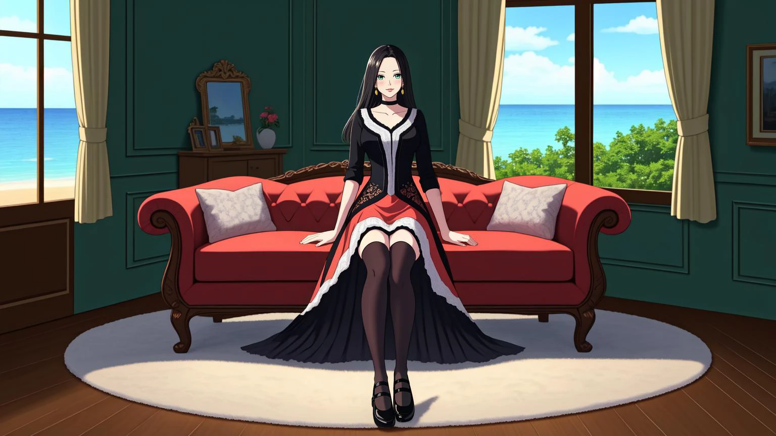(high resolution photograph, best quality, masterpiece, highest quality, HDR, 8k:1.4)
BREAK (full body shot of a woman in a living room wearing a frilly lace dress, lace stockings, Mary Janes:1.4), hand on hips, heroic pose
BREAK (green eyes, lip gloss, gorgeous smile, blushing:1.3)
BREAK (living room with a window, ocean, ships sailing on the horizon, pirate:1.2) <lora:PAseer-SD15-LCM Quick:1> <lora:boa hancock1:0.7> Boa Hancock