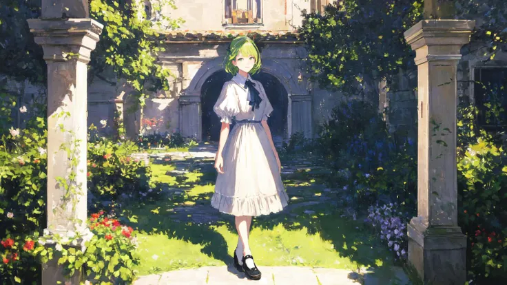 (masterpiece, best quality, highest quality, realistic, art by Monet, HDR, 8k, raytracing:1.4), full body shot of a girl next to a fountain, (light green hair, green eyes:1.4), bob cut with blunt bangs, lace overlay dress, short skirt with lace hemline, Mary Janes with ruffled socks, lace collar, puffy sleeves, ribbons, white dress with black trim, embroidery, hair ornament, perfect composition
BREAK in a garden next to a palace covered in ivy