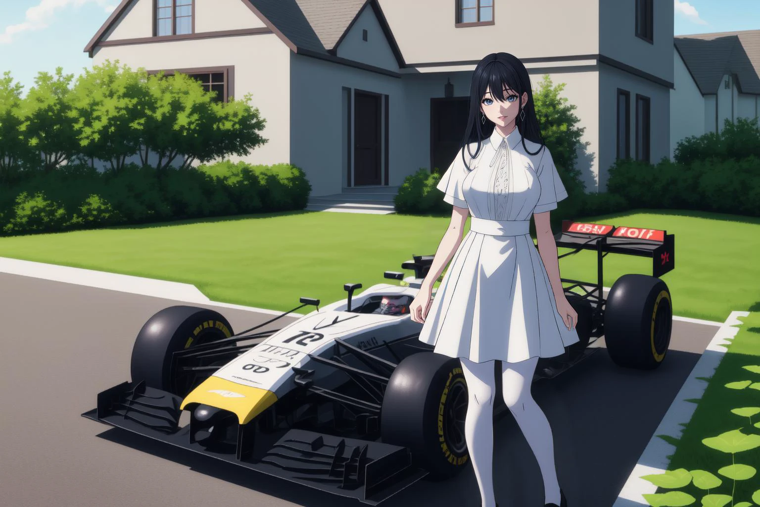 full body shot of Misae Suzuhara walking in front of an F1 racecar in her driveway, diamond earrings, <lora:misasuzuharatest: 0.1@1,1@8>, long hair, [black : dark blue:0.25] hair, blue eyes
BREAK very long strand of hair between eyes, asymmetric bangs
BREAK huge breasts, wearing a fancy summer dress with short lace sleeves, short skirt with lace hemline, Mary Janes, pantyhose, [perky breasts, pointy breasts, puffy nipples, covered nipples:2]
BREAK potted plants, fancy house in a small village with a Formula One car in the driveway
 <lora:PAseer-SD15-LCM Quick:1>