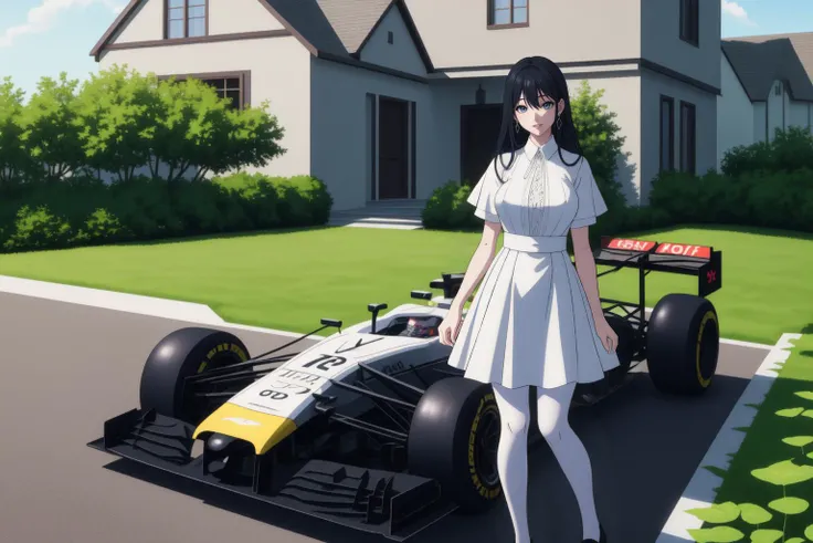 full body shot of Misae Suzuhara walking in front of an F1 racecar in her driveway, diamond earrings, <lora:misasuzuharatest: 0.1@1,1@8>, long hair, [black : dark blue:0.25] hair, blue eyes
BREAK very long strand of hair between eyes, asymmetric bangs
BREAK huge breasts, wearing a fancy summer dress with short lace sleeves, short skirt with lace hemline, Mary Janes, pantyhose, [perky breasts, pointy breasts, puffy nipples, covered nipples:2]
BREAK potted plants, fancy house in a small village with a Formula One car in the driveway
 <lora:PAseer-SD15-LCM Quick:1>