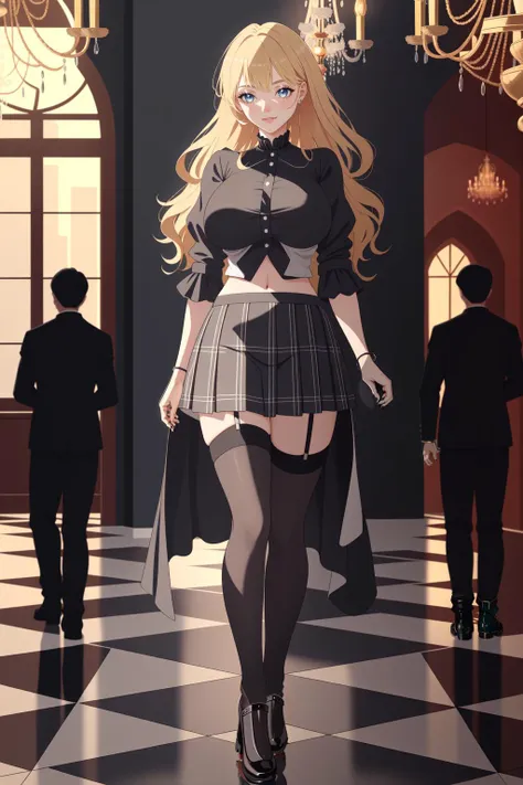 (Victorian oil painting style, best quality, highest quality, HDR, raytracing:1.3)
BREAK (full body shot:1.4) of a girl standing in front of a (gothic palace, marble floor, pillars, chandelier, large window, shiny floor:1.3), (very long blonde hair with split bangs, wavy hair, massive breasts:1.4) 
BREAK exposed arms and shoulders, black shirt, (print on shirt:1.2), (black metal print shirt:1.4), <lora:DeathMetal:1>, (underboob:1.2), navel, midriff, thighhighs, garter straps, (grey plaid pleated tartan skirt) 
BREAK Mary Janes