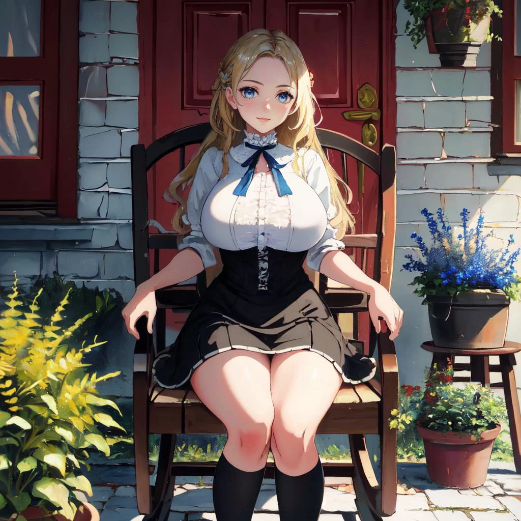 (Victorian oil painting style, best quality, highest quality, HDR, raytracing:1.3) <lora:STFD:1>
BREAK oil painting of a woman (sitting on a chair, outdoors, white house with a red door, potted plants, brick path, rocking chair, red table:1.3), (massive breasts, wearing a light blue dress, short skirt with a lace hemline:1.3)
BREAK (long blonde hair, blue eyes:1.3)