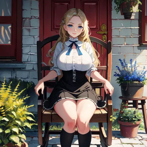 (Victorian oil painting style, best quality, highest quality, HDR, raytracing:1.3)  <lora:STFD:1>
BREAK oil painting of a woman (sitting on a chair, outdoors, white house with a red door, potted plants, brick path, rocking chair, red table:1.3), (massive breasts, wearing a light blue dress, short skirt with a lace hemline:1.3)
BREAK (long blonde hair, blue eyes:1.3)