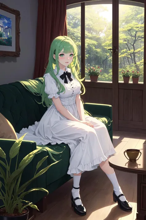 (masterpiece, best quality, highest quality, 8k, raytracing, HDR, UHD:1.4)
BREAK full body shot of a woman sitting on a velvet couch inside a mansion, potted plants, princess
BREAK wearing a very long royal dress, very long frilly skirt, Mary Janes with ruffled socks
BREAK very very long hair, light green hair, blunt bangs
BREAK open window with a view of the forest, assorted furniture, art by Monet, smiling
