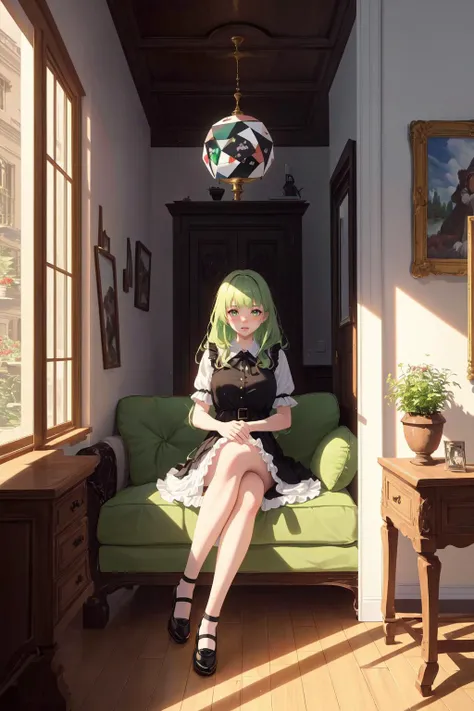 (masterpiece, best quality, highest quality, 8k, raytracing, HDR, UHD:1.4)
BREAK full body shot of a woman sitting on a velvet couch inside a mansion, potted plants, princess
BREAK wearing a very long royal dress, very long frilly skirt, Mary Janes with ruffled socks
BREAK very very long hair, light green hair, blunt bangs
BREAK open window with a view of the forest, assorted furniture, art by Monet, smiling