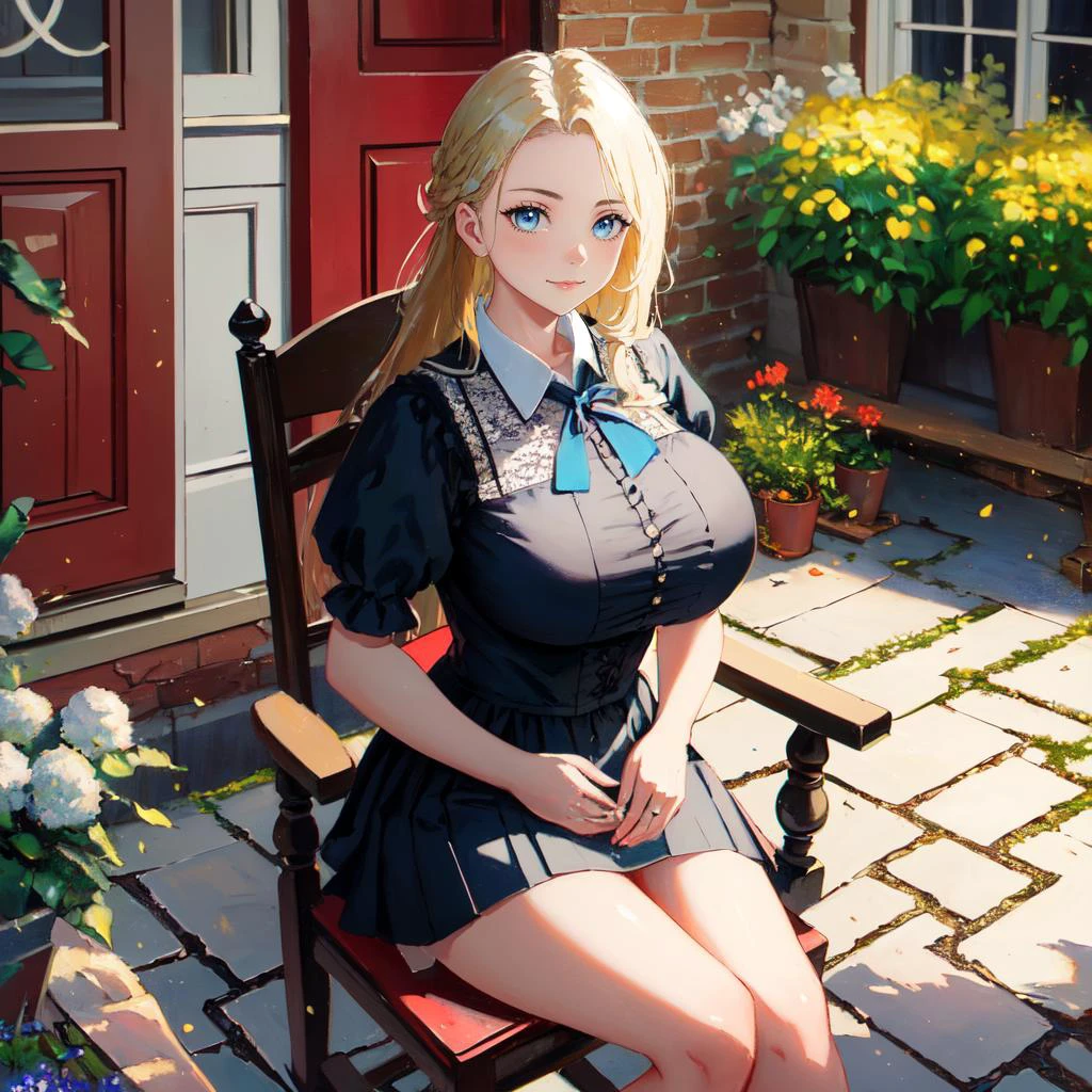 (Victorian oil painting style, best quality, highest quality, HDR, raytracing:1.3)
BREAK oil painting of a woman (sitting on a chair, outdoors, white house with a red door, potted plants, brick path, rocking chair, red table:1.3), (massive breasts, wearing a light blue dress, short skirt with a lace hemline:1.3)
BREAK (long blonde hair, blue eyes:1.3)
