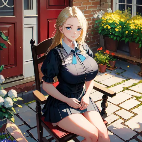 (Victorian oil painting style, best quality, highest quality, HDR, raytracing:1.3)  
BREAK oil painting of a woman (sitting on a chair, outdoors, white house with a red door, potted plants, brick path, rocking chair, red table:1.3), (massive breasts, wearing a light blue dress, short skirt with a lace hemline:1.3)
BREAK (long blonde hair, blue eyes:1.3)