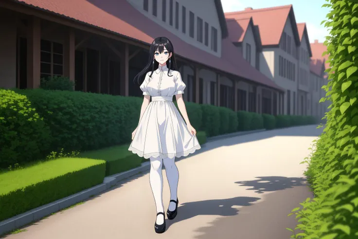 full body shot of Misae Suzuhara walking in front of an F1 racecar in her driveway, diamond earrings, <lora:misasuzuharatest: 0.1@1,1@8>, long hair, [black : dark blue:0.25] hair, blue eyes
BREAK very long strand of hair between eyes, asymmetric bangs
BREAK huge breasts, wearing a fancy summer dress with short lace sleeves, short skirt with lace hemline, Mary Janes, pantyhose, [perky breasts, pointy breasts, puffy nipples, covered nipples:2]
BREAK potted plants, fancy house in a small village with a Formula One car in the driveway
 <lora:PAseer-SD15-LCM Quick:1>