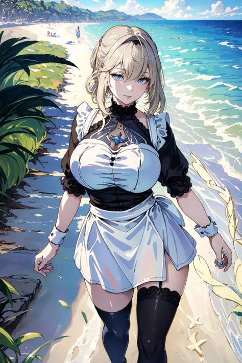 (best quality, masterpiece, highest quality, HDR, 8k, sharp focus, Victorian oil painting style, Renaissance oil painting style, art by Bouguereau:1.4)
BREAK (platinum blonde hair with blunt bangs, ponytail, blue eyes:1.4)
BREAK full body shot of Aponia (standing at the beach:1.3)
BREAK (wearing a maid outfit, headdress, short skirt with lace hemline, thigh high stockings, Mary Janes, massive breasts:1.4) <lora:Aponia-Normal:1>