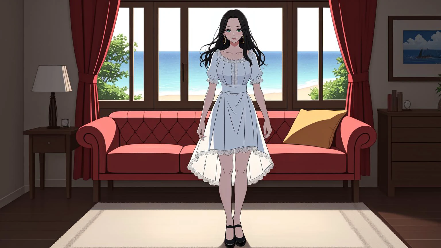 (high resolution photograph, best quality, masterpiece, highest quality, HDR, 8k:1.4)
BREAK (full body shot of a woman standing up in a living room, wearing a frilly lace dress, lace stockings, Mary Janes:1.4), hand on hips, heroic pose
BREAK (green eyes, lip gloss, gorgeous smile, blushing:1.3)
BREAK (living room with a window, ocean, ships sailing on the horizon, pirate:1.2) <lora:PAseer-SD15-LCM Quick:1> <lora:boa hancock1:0.7> Boa Hancock