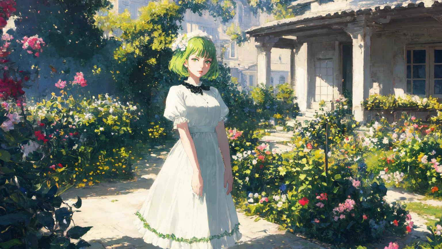 (masterpiece, best quality, highest quality, realistic, art by Monet, HDR, 8k, raytracing:1.4), full body shot of a girl next to a fountain, (light green hair, green eyes:1.4), bob cut with blunt bangs, lace overlay dress, short skirt with lace hemline, Mary Janes with ruffled socks, lace collar, puffy sleeves, ribbons, white dress with black trim, embroidery, hair ornament, perfect composition
BREAK in a garden next to a palace covered in ivy