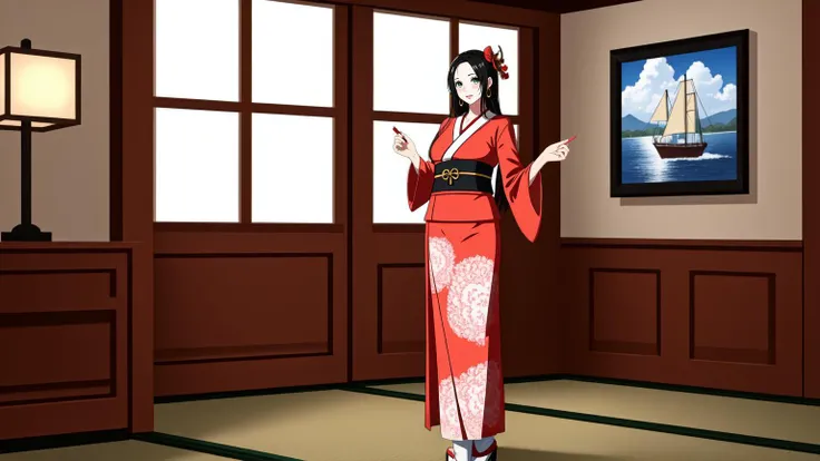 (high resolution photograph, best quality, masterpiece, highest quality, HDR, 8k:1.4)
BREAK (full body shot of a woman in a living room wearing a red kimono, traditional Japanese clothes, gold hair ornament:1.4), hand on hips, heroic pose
BREAK (green eyes, lip gloss, gorgeous smile, blushing:1.3)
BREAK (living room with a window, ocean, ships sailing on the horizon, pirate:1.2) <lora:PAseer-SD15-LCM Quick:1> <lora:boa hancock1:0.7> Boa Hancock