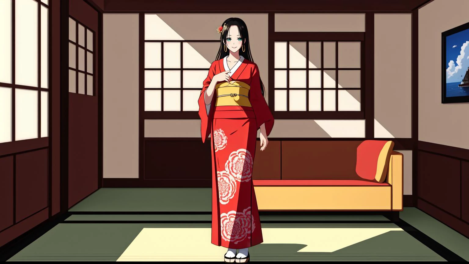 (high resolution photograph, best quality, masterpiece, highest quality, HDR, 8k:1.4)
BREAK (full body shot of a woman in a living room wearing a red kimono, traditional Japanese clothes, gold hair ornament:1.4), hand on hips, heroic pose
BREAK (green eyes, lip gloss, gorgeous smile, blushing:1.3)
BREAK (living room with a window, ocean, ships sailing on the horizon, pirate:1.2) <lora:PAseer-SD15-LCM Quick:1> <lora:boa hancock1:0.7> Boa Hancock