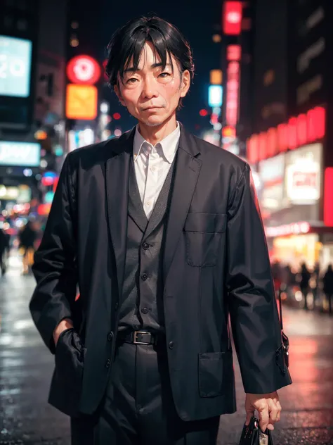 RAW photo, a portrait photo of 50 y.o japanese man in clothes, night tokyo, (high detailed skin:1.2), 8k uhd, dslr, soft lighting, high quality, film grain, Fujifilm XT3