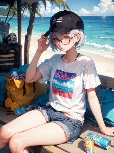 masterpiece, best quality, 1girl, beach, sitting on a beach towel, short hair, glasses, t-shirt, shorts, cap, blush, summer, soda can, bag