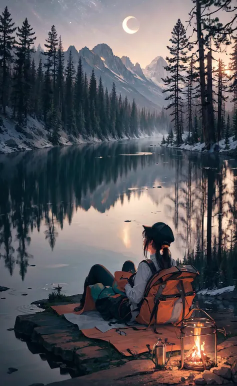 masterpiece, best quality, ultra-detailed, illustration, 1girl, solo, outdoors, camping, night, mountains, nature, stars, moon, bonfire, tent, twin ponytails, green eyes, cheerful, happy, backpack, sleeping bag, camping stove, water bottle, mountain boots, gloves, sweater, hat, flashlight, forest, rocks, river, wood, smoke, shadows, contrast, clear sky, constellations, Milky Way, peaceful, serene, quiet, tranquil, remote, secluded, adventurous, exploration, escape, independence, survival, resourcefulness, challenge, perseverance, stamina, endurance, observation, intuition, adaptability, creativity, imagination, artistry, inspiration, beauty, awe, wonder, gratitude, appreciation, relaxation, enjoyment, rejuvenation, mindfulness, awareness, connection, harmony, balance, texture, detail, realism, depth, perspective, composition, color, light, shadow, reflection, refraction, tone, contrast, foreground, middle ground, background, naturalistic, figurative, representational, impressionistic, expressionistic, abstract, innovative, experimental, unique