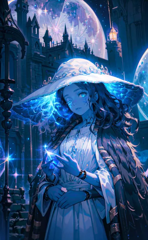 masterpiece, best quality, portrait, IncrsRanni, wavy hair, cracked skin, colored skin, blue skin, extra faces, extra arms, <lora:RanniV4LoRA:1>, doll, joints, doll joints, white dress, hat, cloak, dark moody lighting, night sky, night, starry sky, (moon, full moon, glittering, sparkle, light particles:1.2)