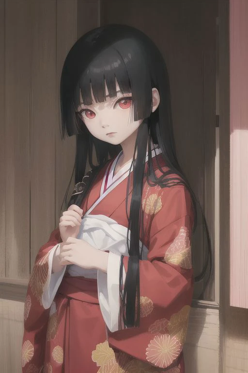 enma_ai 1girl, solo, hair down, hair black, bangs hair, eyes red, kimono black, masterpiece, best quality, high quality, fire, hell, chains, night