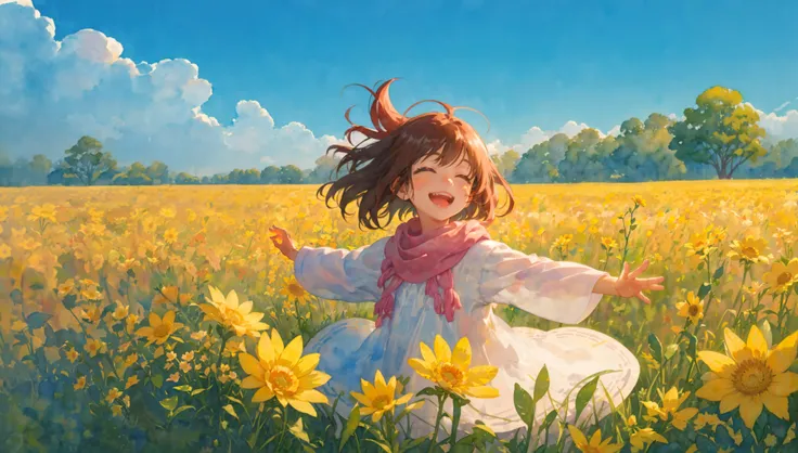 a laughing and playing with pure joy, the feeling of happiness and joy that fills your whole being, spilling out in laughter and playfulness, a sunny field is filled with flowers, the world is alive with color and life, jubilation, happy, filled with joy, laughter, sunshine, (watercolor \(high\), IrisCompiet:1.2), <lora:IrisCompietStyle:1>