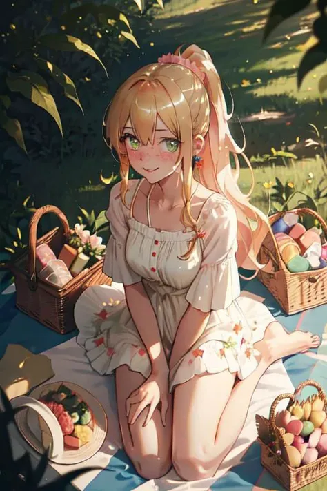(masterpiece, best quality), 1girl, solo, blonde hair, long wavy hair, high ponytail, asymmetrical bangs, green eyes, small perky breasts, freckles, pale skin, long eyelashes, pink scrunchie, ear piercing, outdoors, forest, sunlight, white sundress, sitting, wariza, light blush, parted lips, smile, looking at viewer, sexually suggestive, from above, face, picnic, picnic basket, barefoot