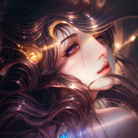 a matte painting of an insanely beautiful female goddess of seduction, sharp focus on eyes, insanely detailed hair, symmetrical, wet luscious lips, few water droplets, intricate details, professionally retouched, elegant, 8k high definition, by artgerm and greg Rutkowski, lighting by albert Bierstadt