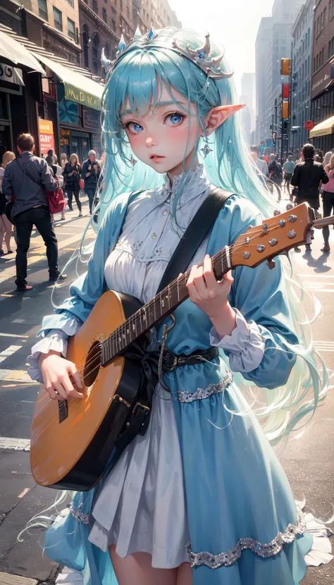 masterpiece, best quality, 1girl, the cloud elf queen busks on the streets of new york, small crowd gathering around the performance, casual