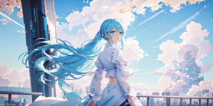 (masterpiece:1.1), hi-res, 4k, extremely delicate and beautiful art, pastel color, anime, beautiful detailed eyes, 1 anime girl, wind, (blue sky with clouds:1.3), summer, long hair, futuristic buildings, cyber city, huge scale city, dutch angle, bare midriff, zettai ryouiki, expressionless face, fantasy
