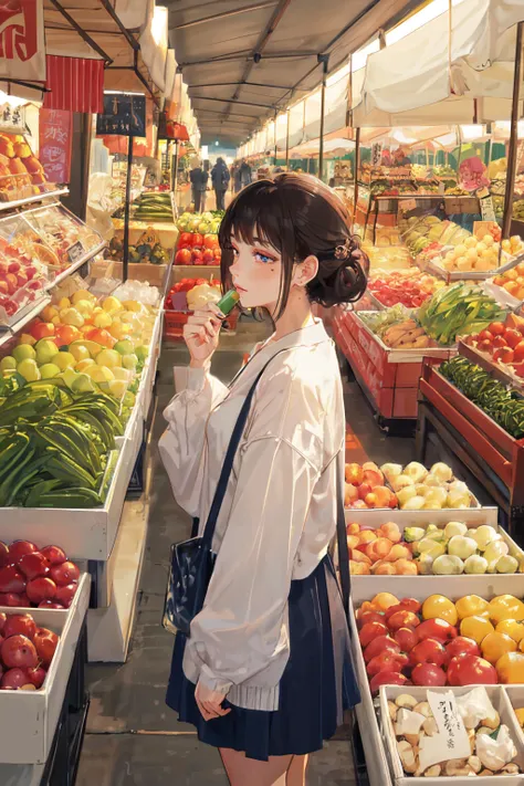 (updo) female on a lazy weekend, black hair,  BREAK, farmer's market, fruits, vegetable, town square, BREAK, lines, shapes, abstract, sidelighting, vibrant color, masterpiece, absurdres, best quality
