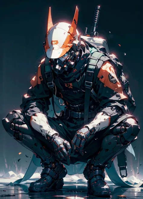 solo, gloves, 1boy, holding, sitting, weapon, male focus, black gloves, grey background, bag, armor, gun, mask, squatting, backpack, helmet, robot, science fiction, gas mask, humanoid robot
<lora:cyberpunk_manic:0.8>