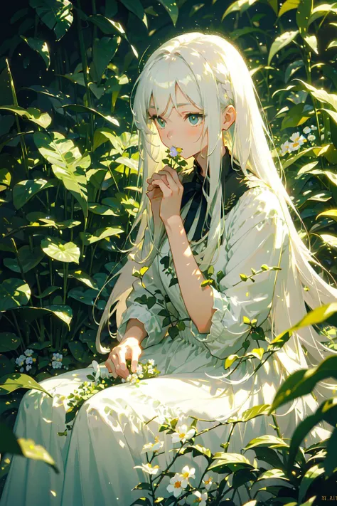 (masterpiece, best quality),1girl with long white hair sitting in a field of green plants and flowers, her hand under her chin, warm lighting, white dress, blurry foreground