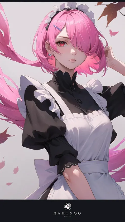 masterpiece, best quality, ultra-detailed, epic lighting, (realistic:1.3), cinematic composition, (dark fantasy movie poster:1.1), <lora:Ram_ReZero_v1_2:0.6> 1girl, ram_rezero, cute, solo, piercing gaze, pink hair:1.1, short hair, (hair over one eye:1.3), red eyes:1.2, roswaal mansion maid uniform, wide sleeves, apron, (white pantyhose:1.3), looking at viewer, expressionless, wind, leaves swaying in the wind, hair sway, soft lighting, pink theme, dramatic, abstract background, (8k:1.1)