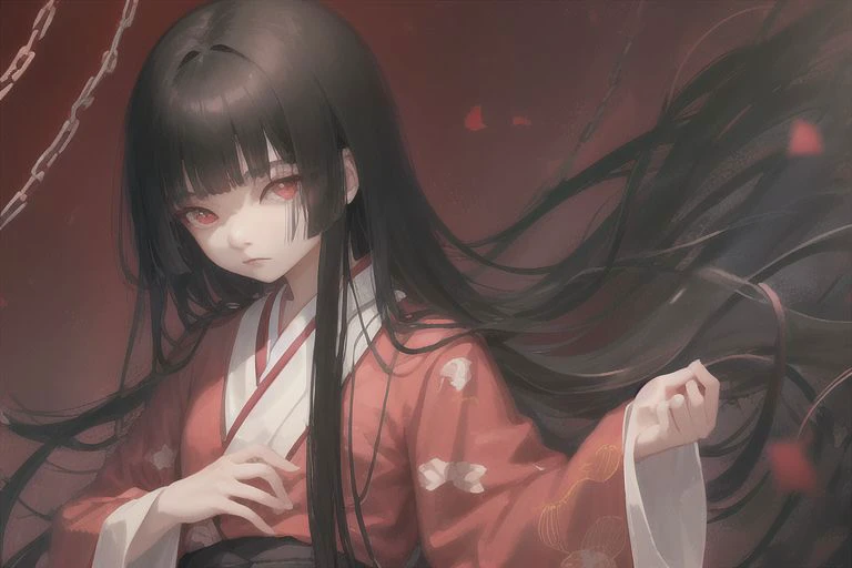 enma_ai 1girl, solo, hair down, hair black, bangs hair, eyes red, kimono black, masterpiece, best quality, high quality, fire, hell, chains, night