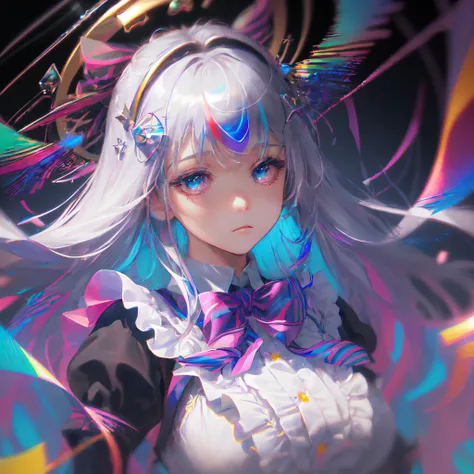 ((illustration)), ((floating hair)), ((chromatic aberration)), ((caustic)), lens flare, dynamic angle, ((portrait)), (1 girl), ((solo)), cute face, ((hidden hands)), asymmetrical bangs, (beautiful detailed eyes), eye shadow, ((huge clocks)), ((glass strips)), (floating glass fragments), ((colorful refraction)), (beautiful detailed sky), ((dark intense shadows)), ((cinematic lighting)), ((overexposure)), (expressionless), blank stare, big top sleeves, ((frills)), hair_ornament, ribbons, bowties, buttons, (((small breast))), pleated skirt, ((sharp focus)), ((masterpiece)), (((the best quality))), ((extremely detailed)), colorful, hdr