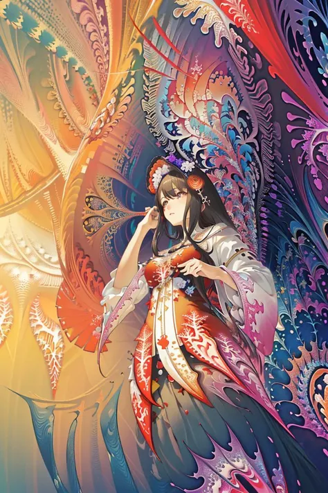masterpiece, best quality, high-resolution, extremely detailed CG (fractal artt:1.5), (from below:1.2), intricate dress, upper body, beautiful face, smailing, Mysterious, fantastic, complex, artistic, flowing,vivid,bright